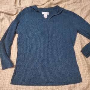 WORTHINGTON ESSENTIALS SWEATER  Large Stretch Ribbed  Unusual Collar Teal Black
